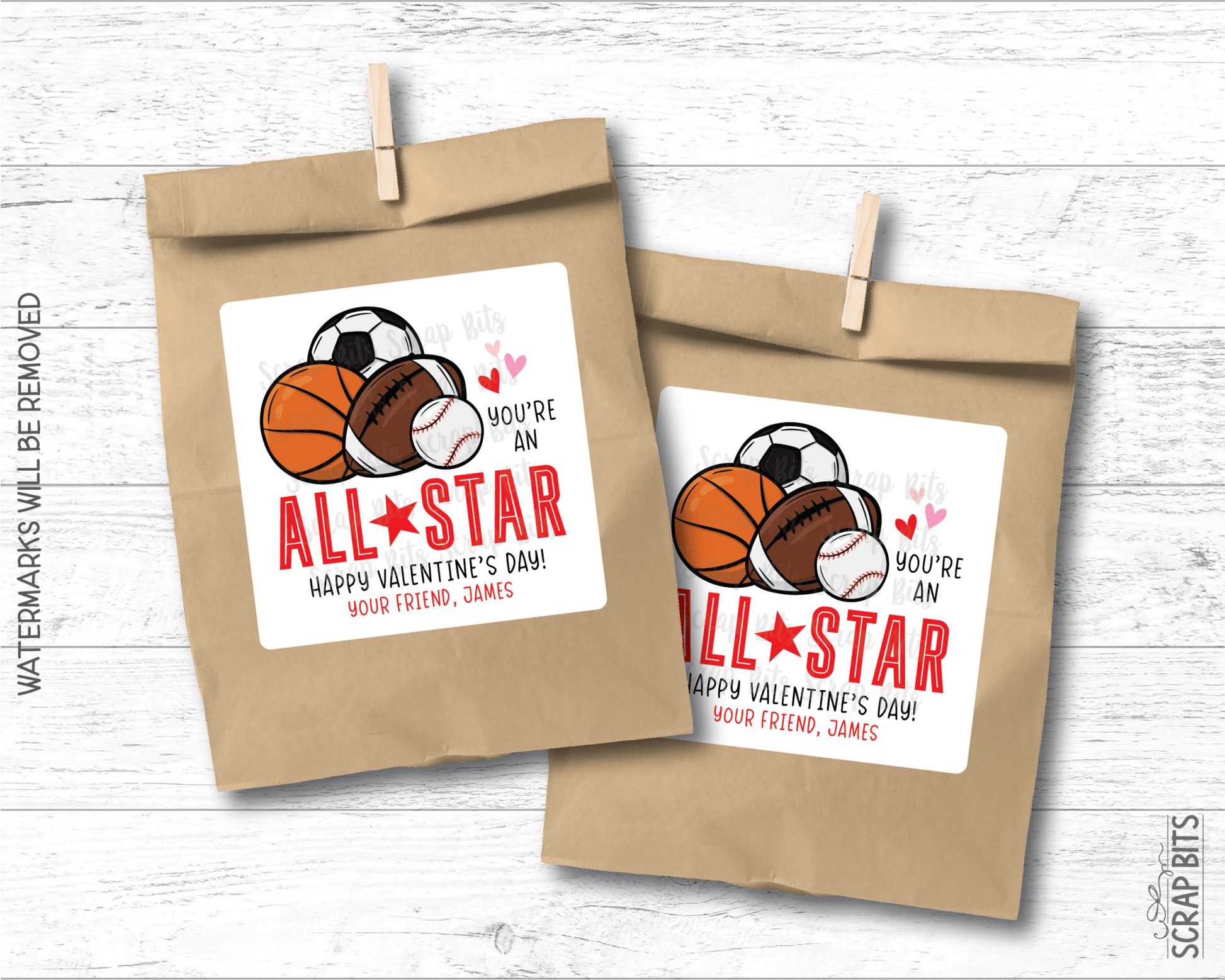 Sports Valentines, You're An All Star Valentine Treat Bag Stickers - Scrap Bits