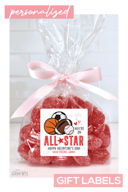 Sports Valentines, You're An All Star Valentine Treat Bag Stickers - Scrap Bits