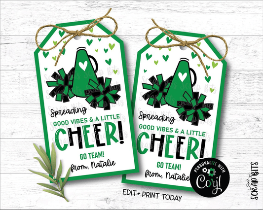 Spreading A Little Cheer, Megaphone + Pom Poms, Printable Game Day Tags . Instant Download Editable Template - Scrap Bits