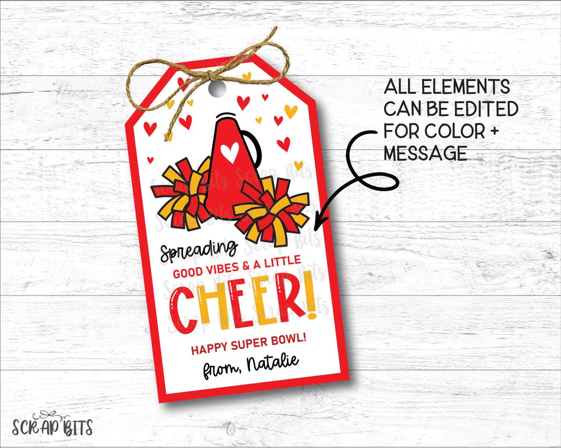 Spreading A Little Cheer, Megaphone + Pom Poms, Printable Game Day Tags . Instant Download Editable Template - Scrap Bits