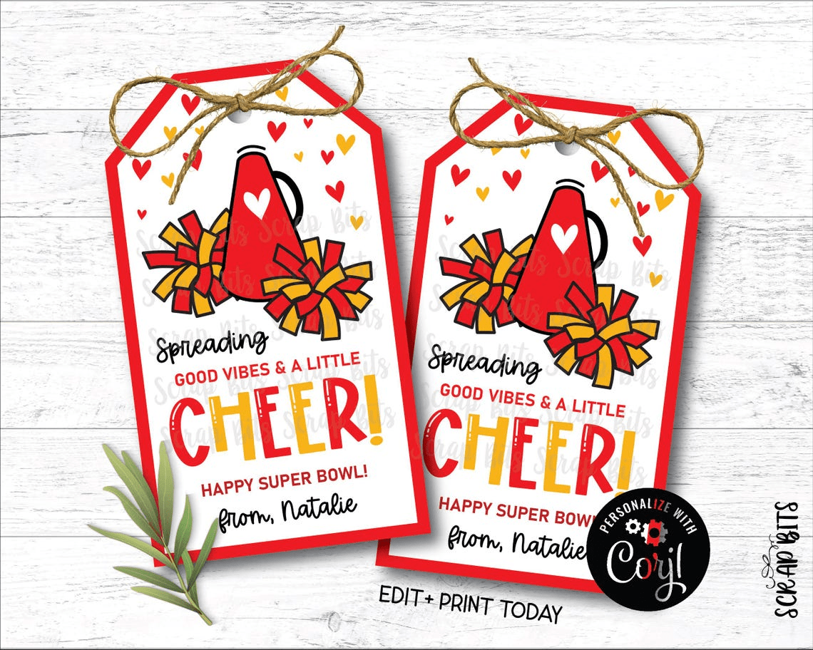 Spreading A Little Cheer, Megaphone + Pom Poms, Printable Game Day Tags . Instant Download Editable Template - Scrap Bits