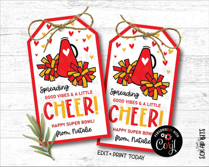 Spreading A Little Cheer, Megaphone + Pom Poms, Printable Game Day Tags . Instant Download Editable Template - Scrap Bits