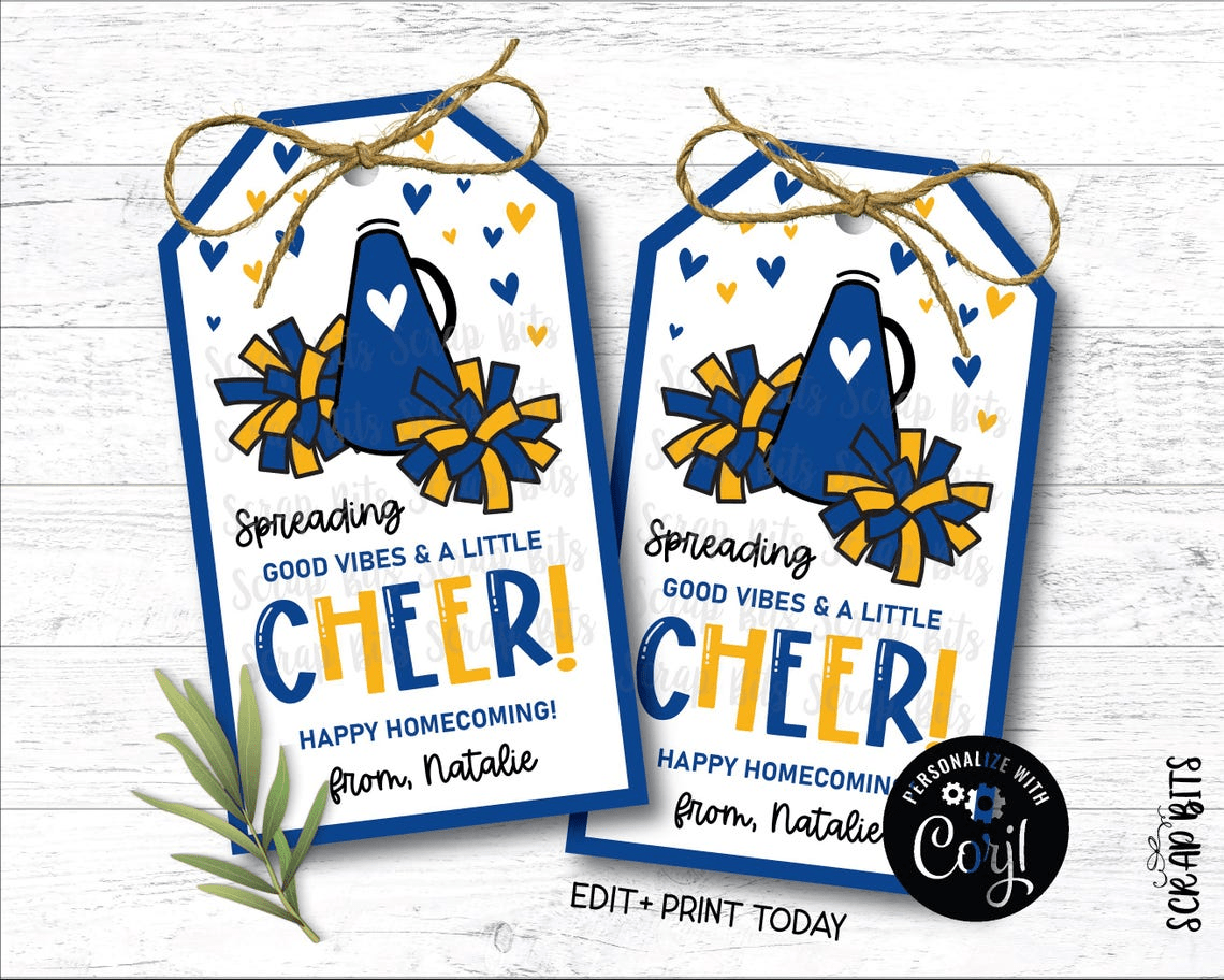 Spreading A Little Cheer, Megaphone + Pom Poms, Printable Game Day Tags . Instant Download Editable Template - Scrap Bits