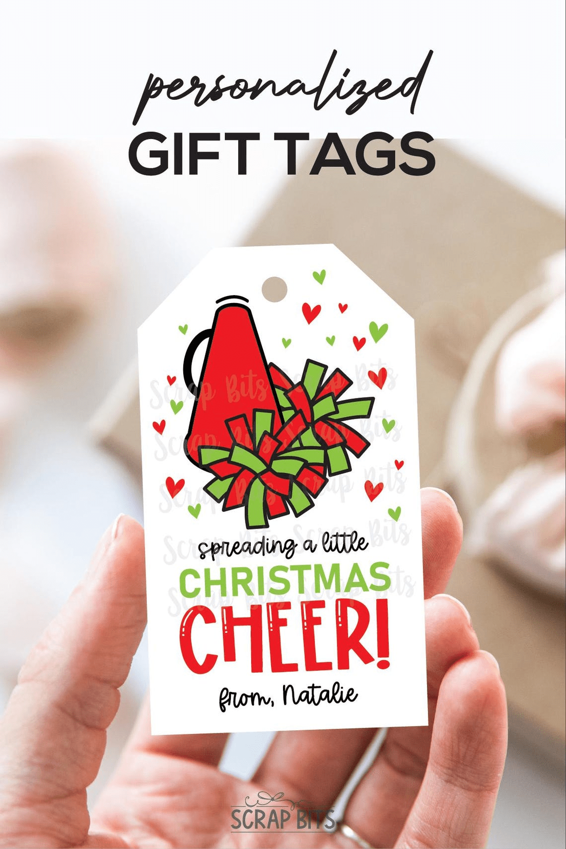 Spreading Christmas Cheer Megaphone & Poms, Personalized Christmas Gift Tags - Scrap Bits