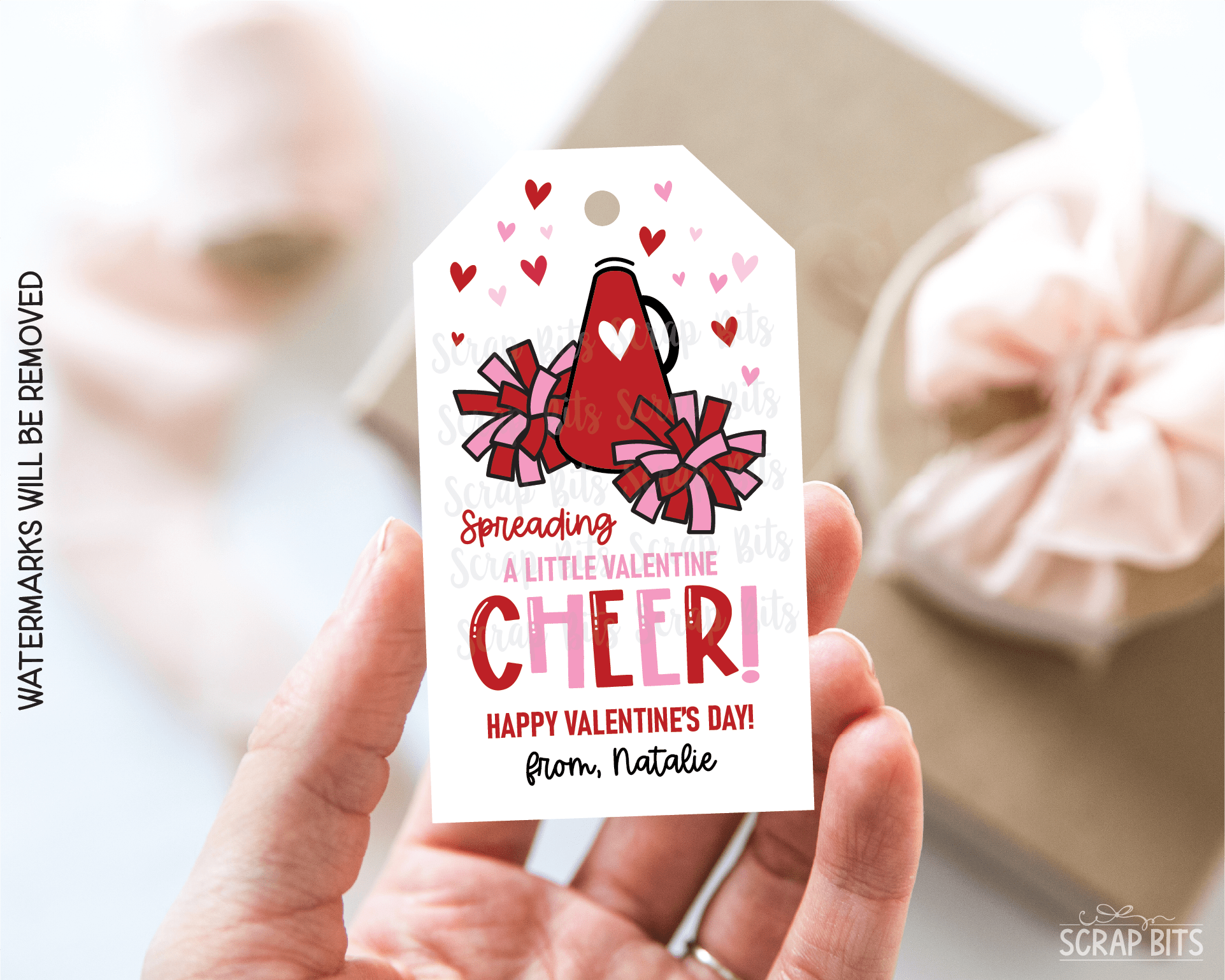Spreading Valentine Cheer Megaphone & Poms, Personalized Gift Tags - Scrap Bits