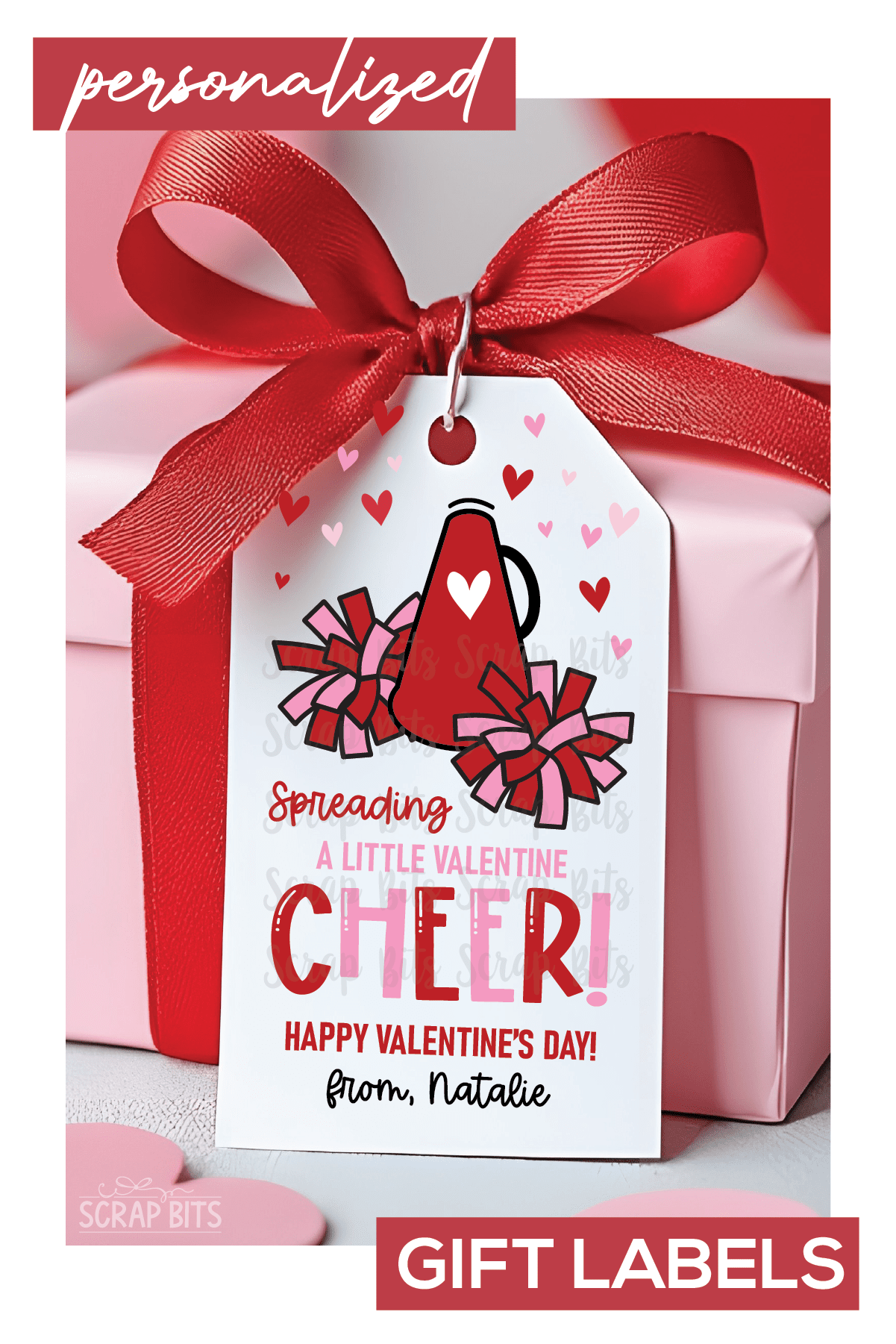 Spreading Valentine Cheer Megaphone & Poms, Personalized Gift Tags - Scrap Bits