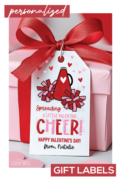 Spreading Valentine Cheer Megaphone & Poms, Personalized Gift Tags - Scrap Bits