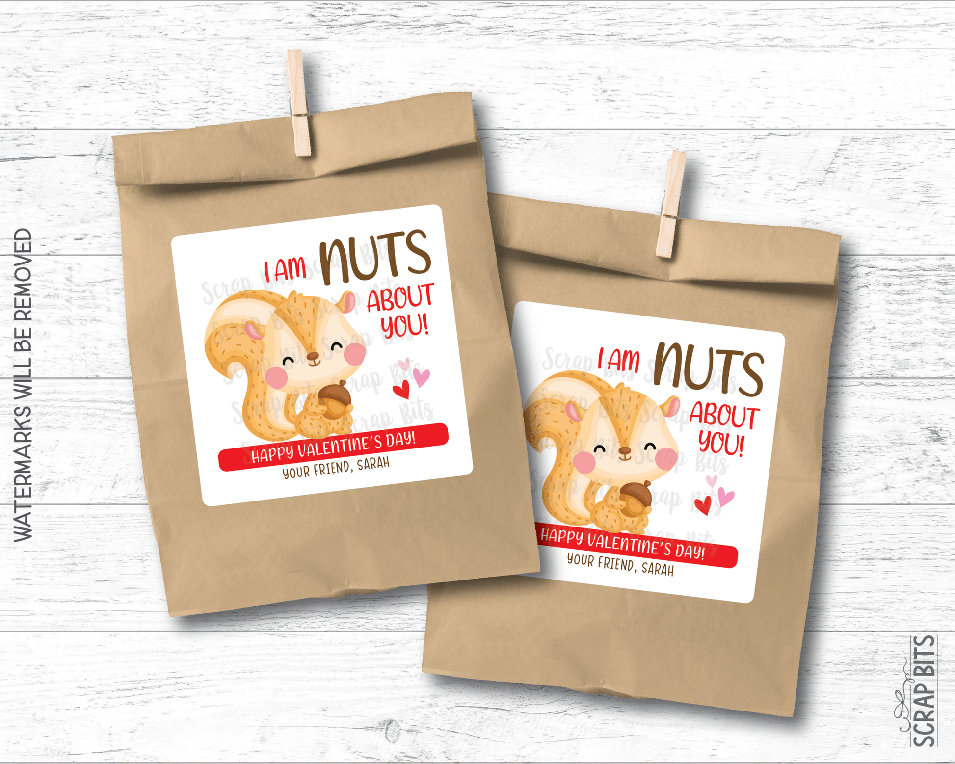 Squirrel Valentines, I'm Nuts About You Valentine Treat Bag Stickers - Scrap Bits
