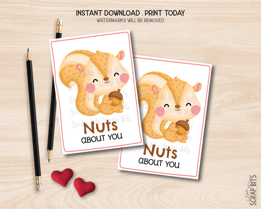 Squirrel Valentines, Nuts About You Valentine, Printable Classroom Exchange Cards, Instant Download - Scrap Bits