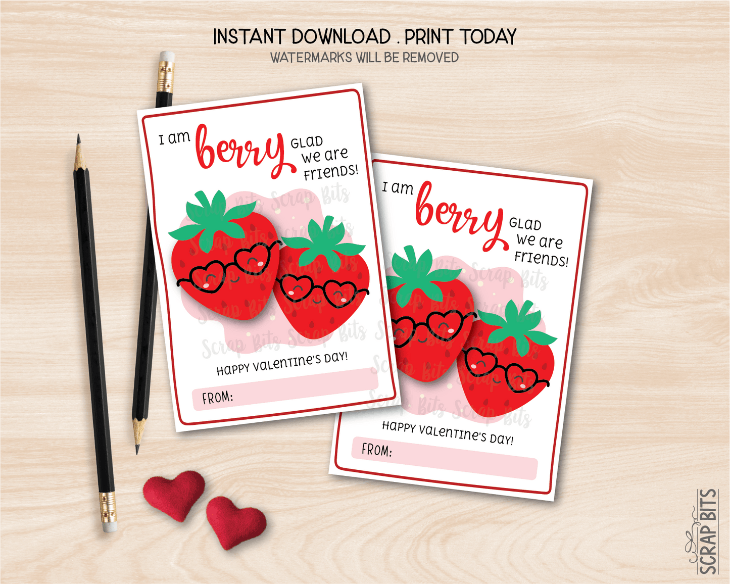 Strawberry Valentines, I Am Berry Glad We Are Friends, Printable Classroom Exchange Cards, Instant Download - Scrap Bits