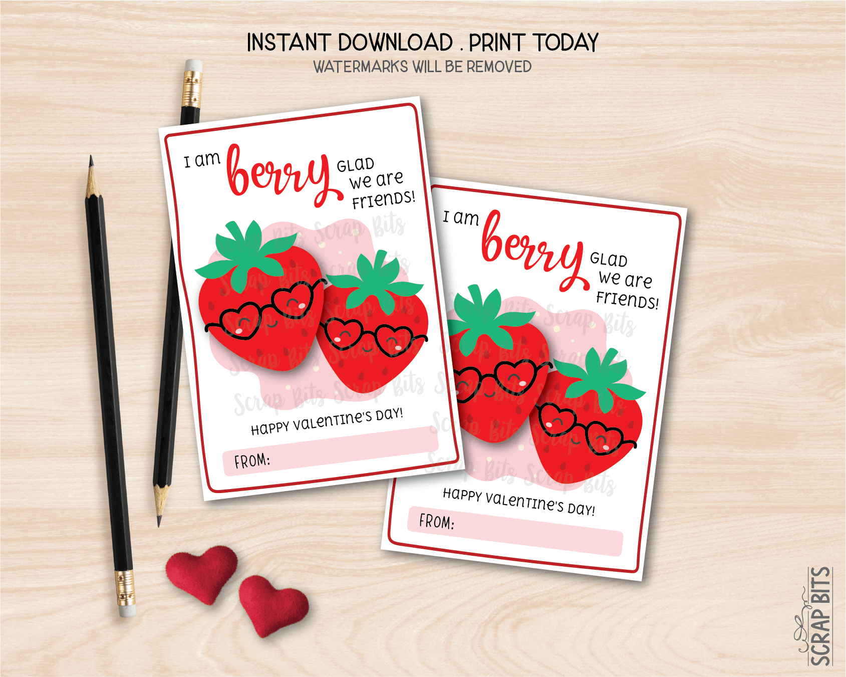 Strawberry Valentines, I Am Berry Glad We Are Friends, Printable Classroom Exchange Cards, Instant Download - Scrap Bits