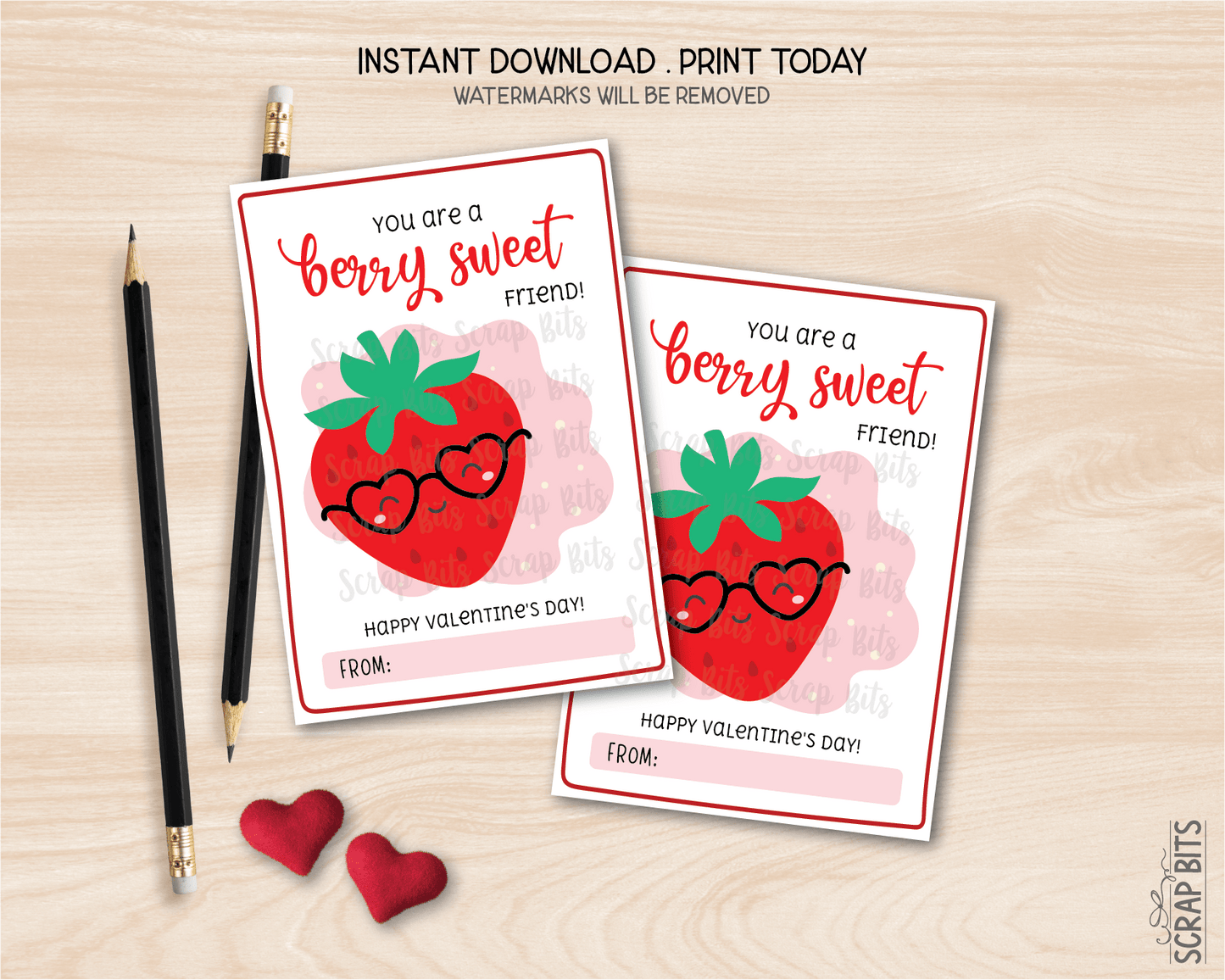 Strawberry Valentines, You Are A Berry Sweet Friend, Printable Classroom Exchange Cards, Instant Download - Scrap Bits