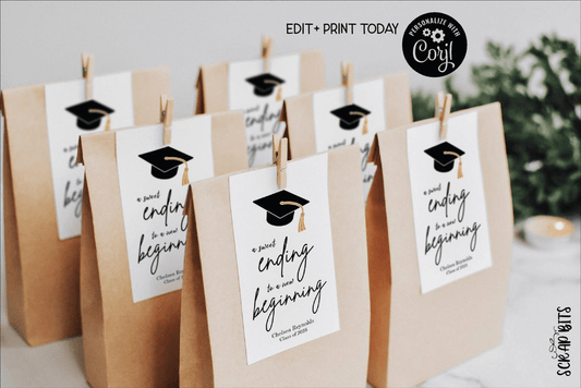 Sweet Ending To A New Beginning with Grad Cap, Graduation Favor Tags, EDITABLE Printable Digital Download - Scrap Bits