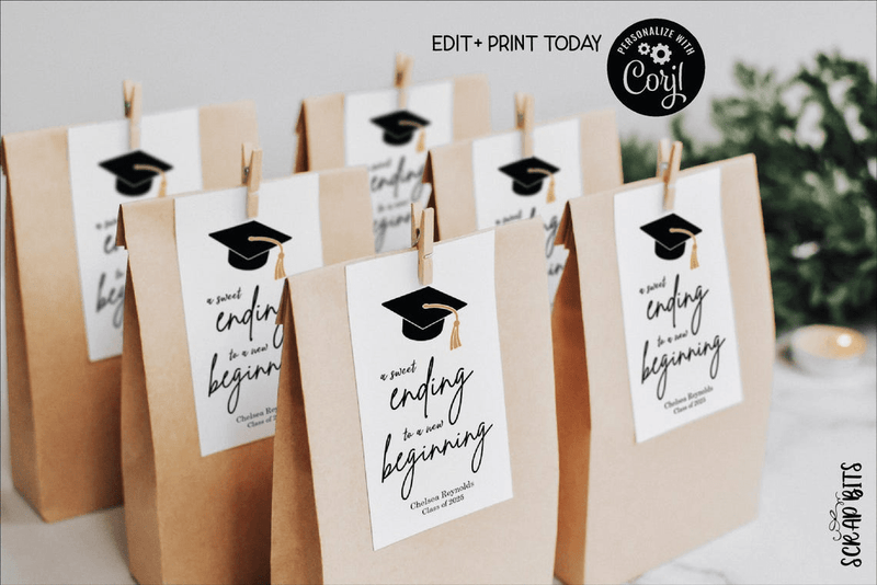 Sweet Ending To A New Beginning with Grad Cap, Graduation Favor Tags, EDITABLE Printable Digital Download - Scrap Bits