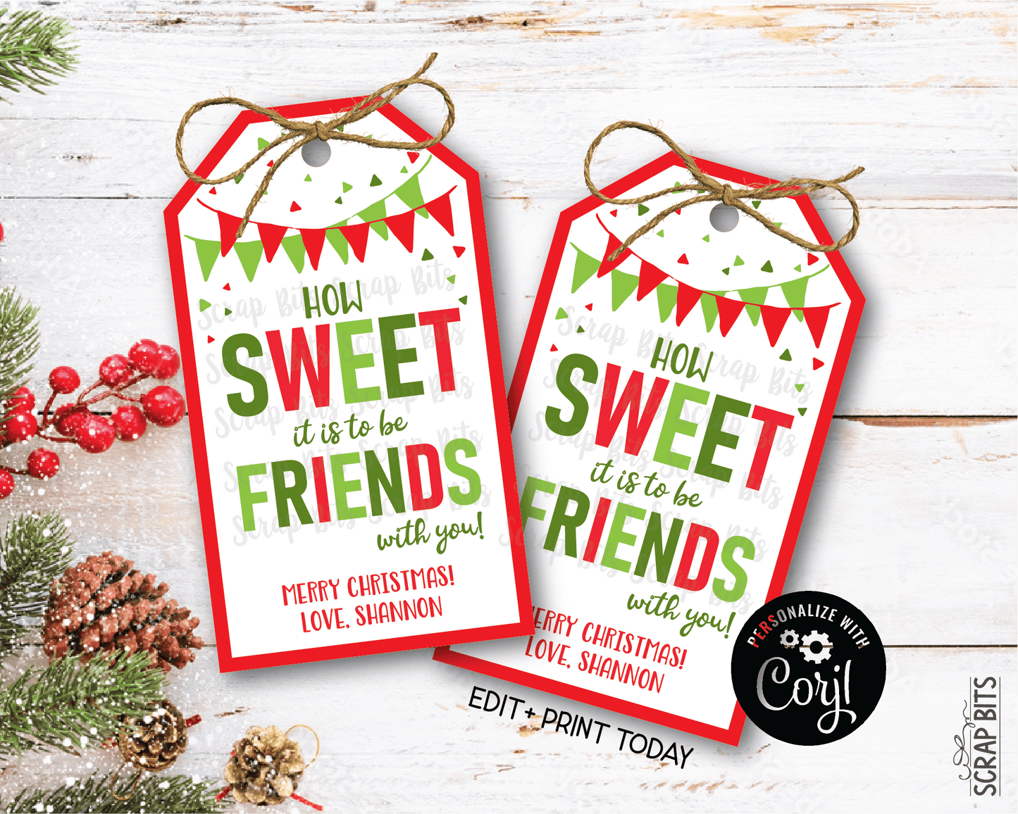 Sweet Friends Printable Christmas Gift Tags . Instant Download Editable Template - Scrap Bits