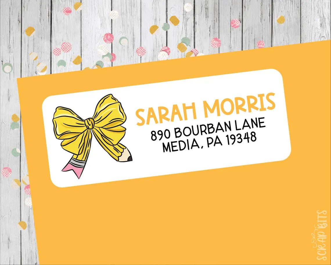 Teacher Return Address Labels, Pencil Bow - Scrap Bits