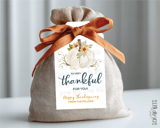 Thankful Floral White Pumpkin Tags . Personalized Thanksgiving Gift Tags - Scrap Bits