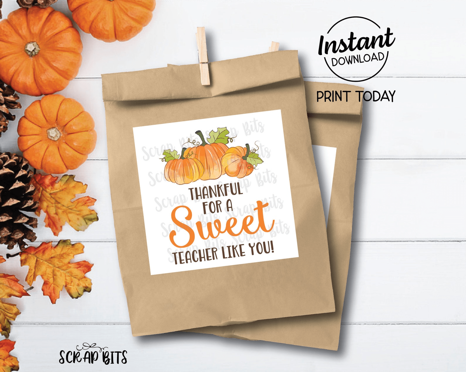Thankful for a Sweet Teacher Like You, Printable Thanksgiving Tags, Instant Download - Scrap Bits