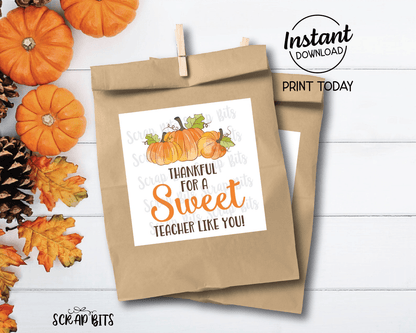 Thankful for a Sweet Teacher Like You, Printable Thanksgiving Tags, Instant Download - Scrap Bits