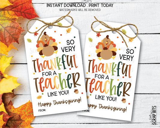 Thankful For A Teacher Like You, Scatter Leaves Thanksgiving Gift Tags, Instant Download - Scrap Bits