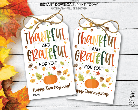 Thankful & Grateful For You, Scatter Leaves Thanksgiving Gift Tags, Instant Download - Scrap Bits