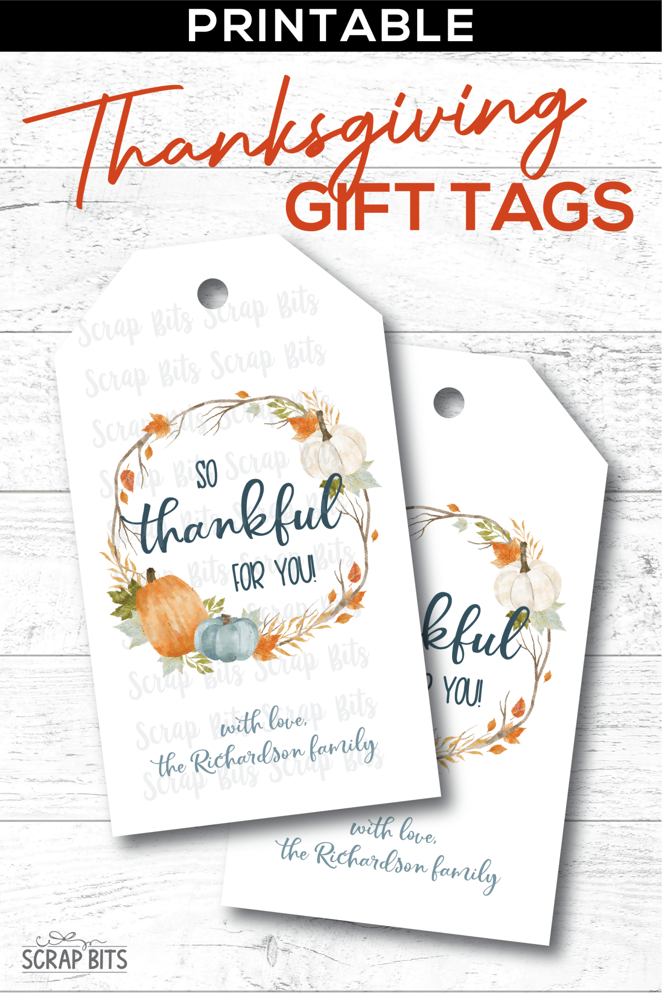 Thankful Pumpkin Wreath, Printable Thanksgiving Gift Tags . Instant Download Editable Template - Scrap Bits