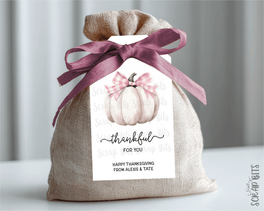Thankful White Pumpkin Pink Gingham Bow Tags . Personalized Thanksgiving Gift Tags - Scrap Bits