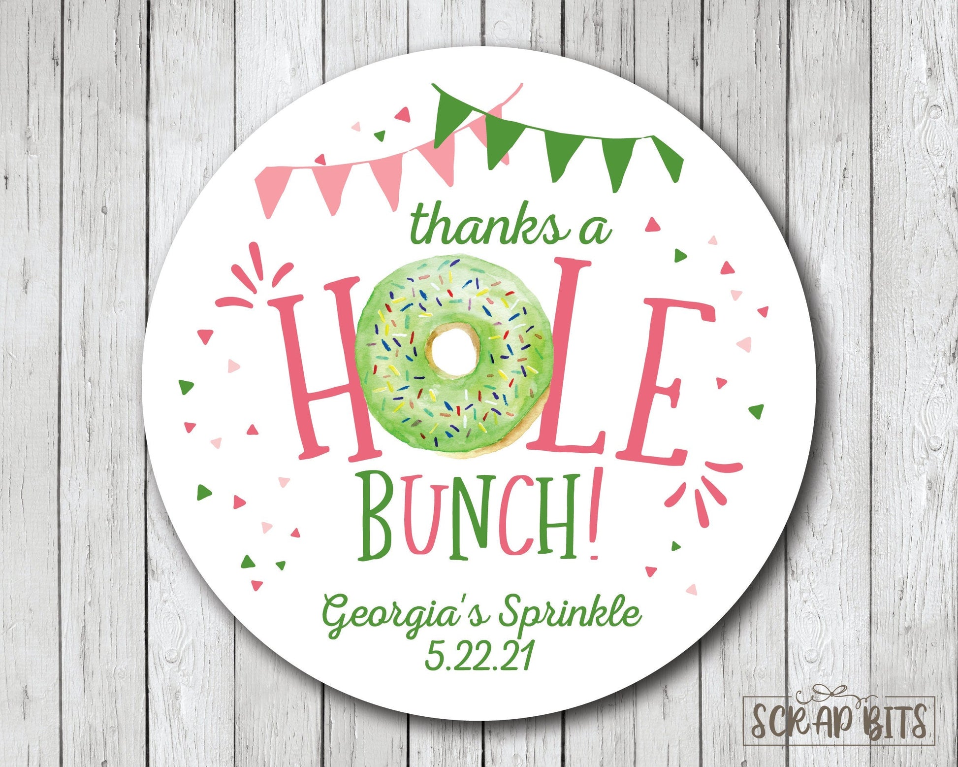 Thanks A Hole Bunch, Bunting . Donut Baby Shower Favor Stickers or Tags, - Scrap Bits