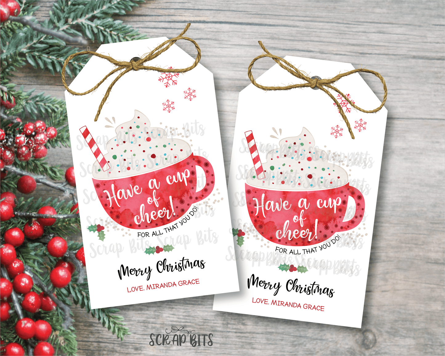 Thanks A Latte Christmas Tags, Red Watercolor Mug . Personalized Christmas Gift Tags - Scrap Bits