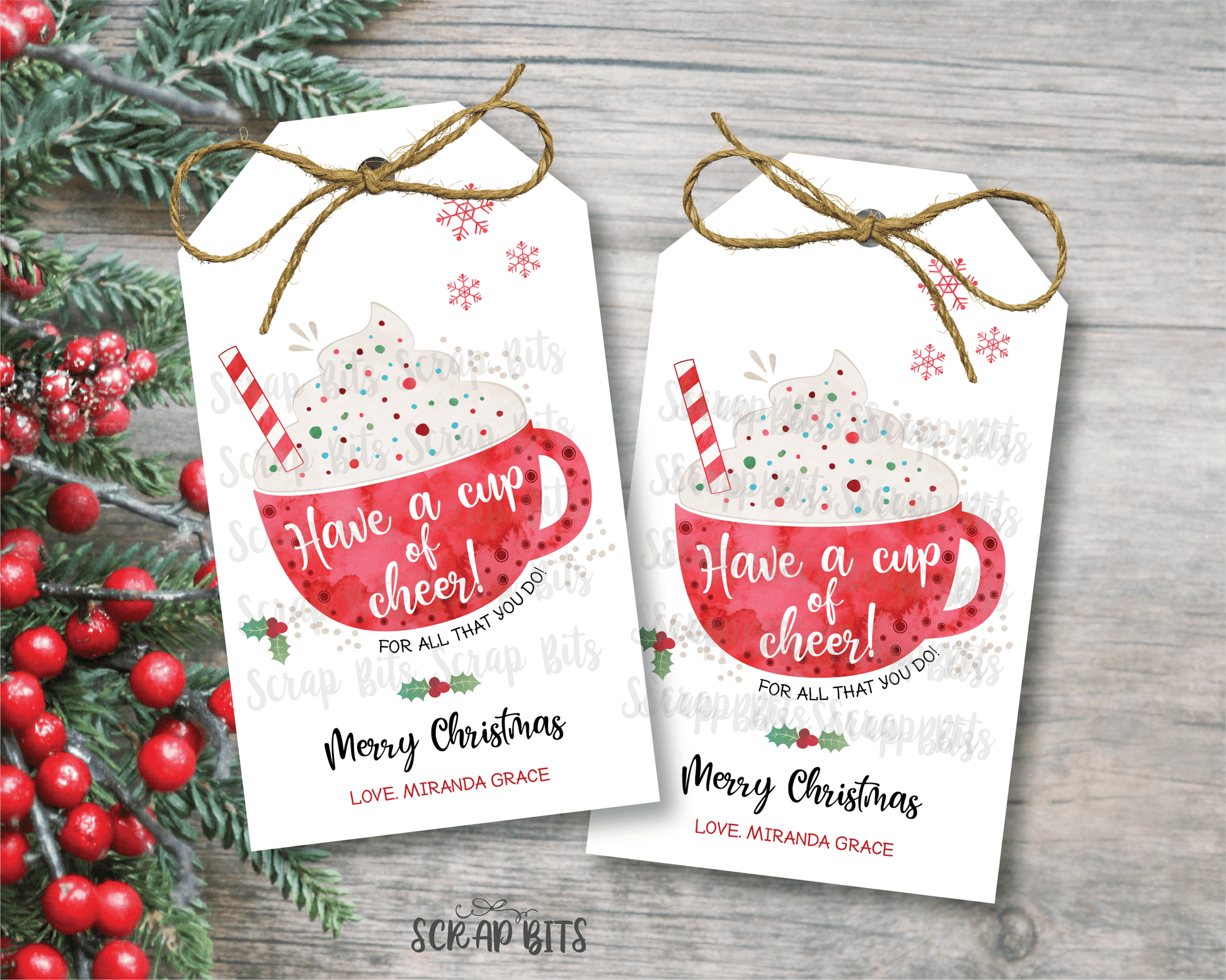 Thanks A Latte Christmas Tags, Red Watercolor Mug . Personalized Christmas Gift Tags - Scrap Bits