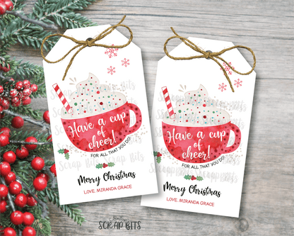 Thanks A Latte Christmas Tags, Red Watercolor Mug . Personalized Christmas Gift Tags - Scrap Bits