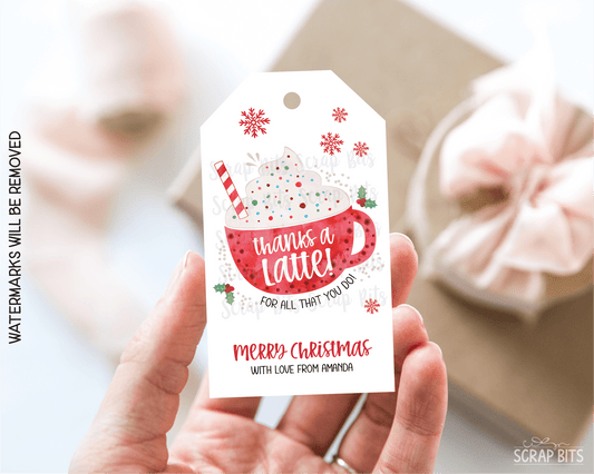 Thanks A Latte Red Mug, Personalized Christmas Gift Tags - Scrap Bits