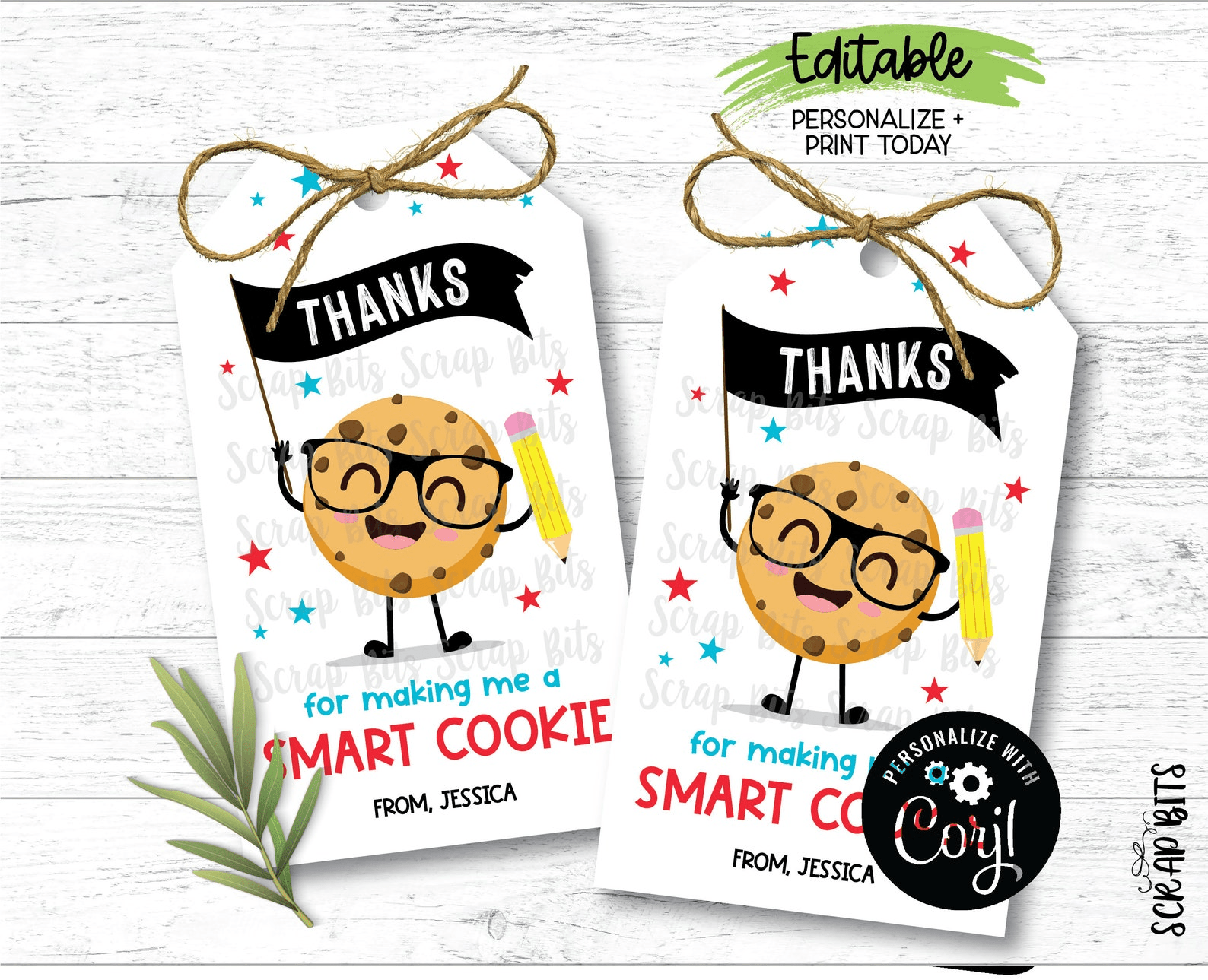 Thanks for Making Me A Smart Cookie, Teacher Appreciation Tags, Instant Download Editable Template - Scrap Bits