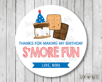 Thanks For Making My Birthday S'more Fun, Smore Birthday Favor Stickers or Tags - Scrap Bits