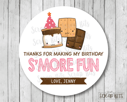 Thanks For Making My Birthday S'more Fun, Smore Birthday Favor Stickers or Tags - Scrap Bits