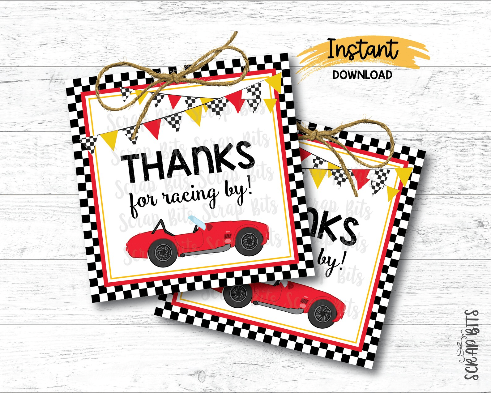 Thanks For Racing By, Red Race Car, Printable Square Birthday Favor Tags, Instant Download - Scrap Bits