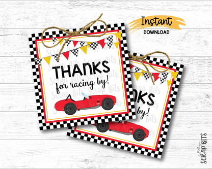 Thanks For Racing By, Red Race Car, Printable Square Birthday Favor Tags, Instant Download - Scrap Bits