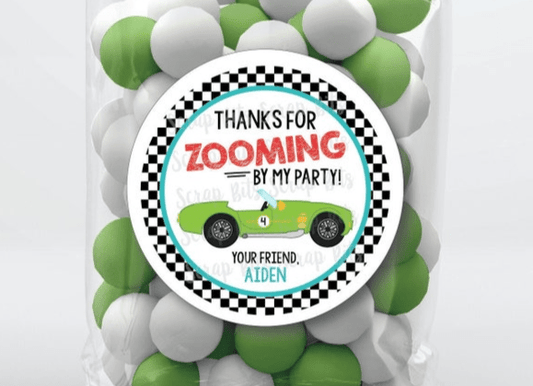 Thanks For Zooming By, Green Race Car, Personalized Racing Birthday Favor Stickers or Tags - Scrap Bits