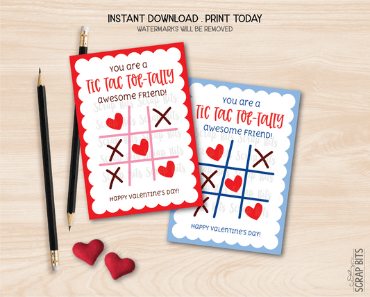 Tic Tac Toe Valentines, Totally Awesome Friend, Printable Classroom Exchange Cards, Instant Download - Scrap Bits