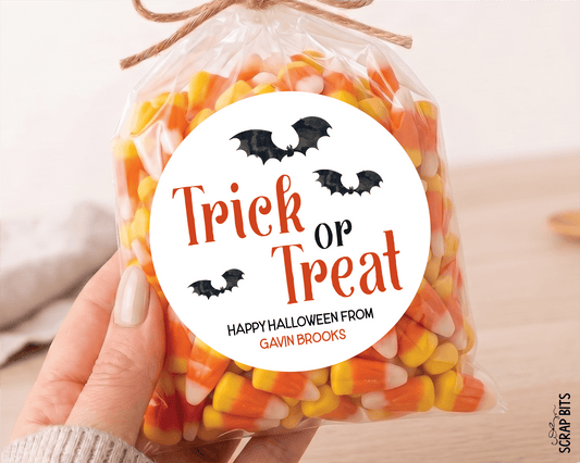 Trick or Treat Bats Halloween Gift Stickers or Tags, Treat Bag Labels - Scrap Bits
