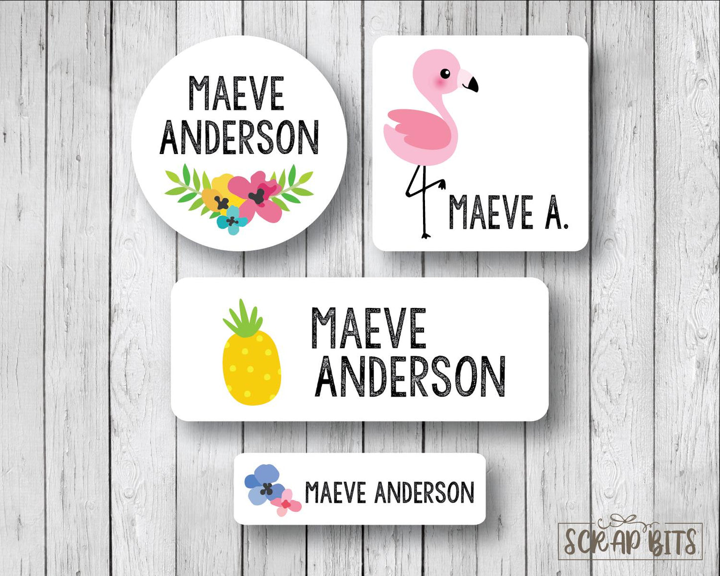 Tropical Flamingo Name Labels Bundle . Personalized Belonging Labels - Scrap Bits