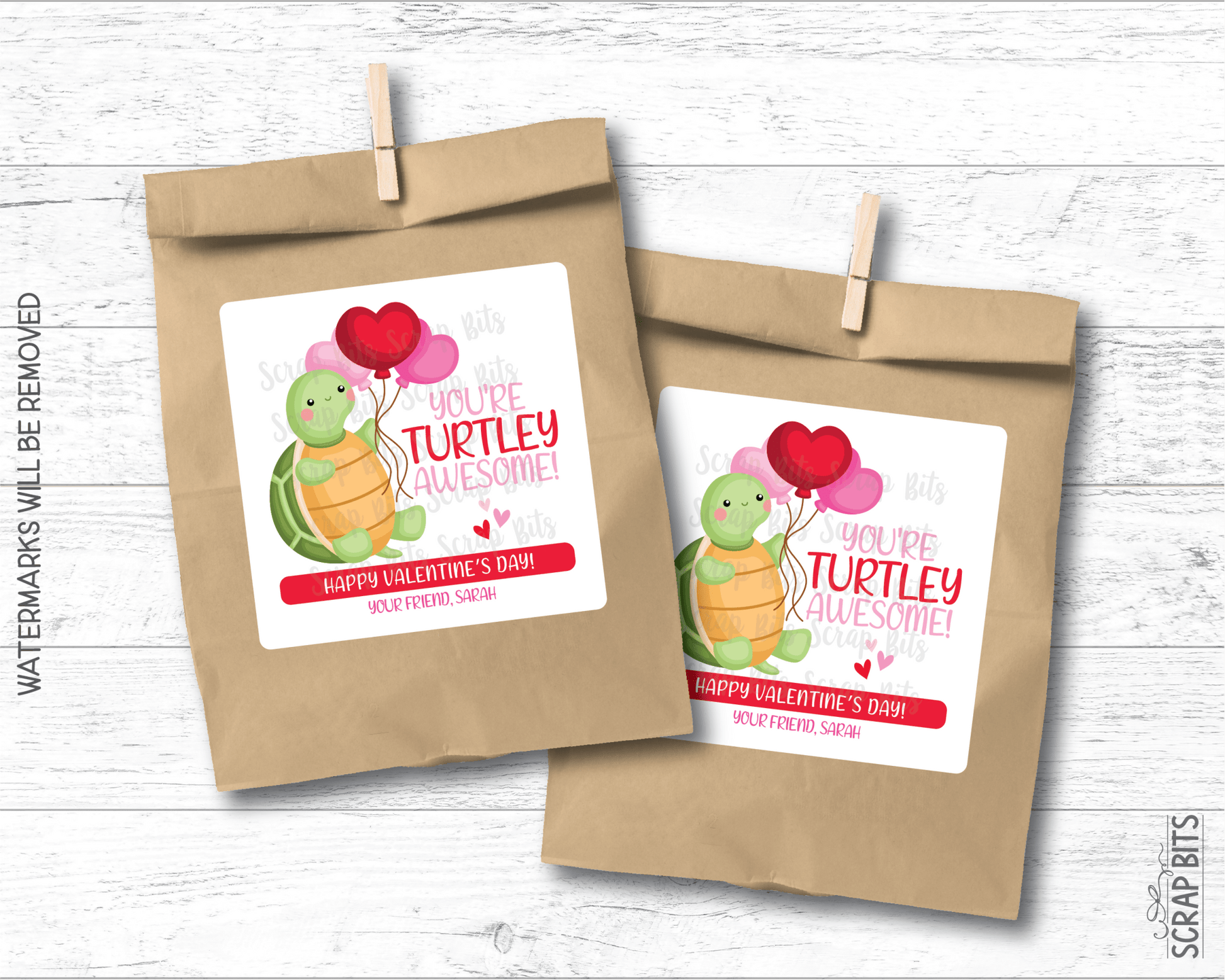 Turtle Valentines, Turtlely Awesome, Valentine Treat Bag Stickers - Scrap Bits