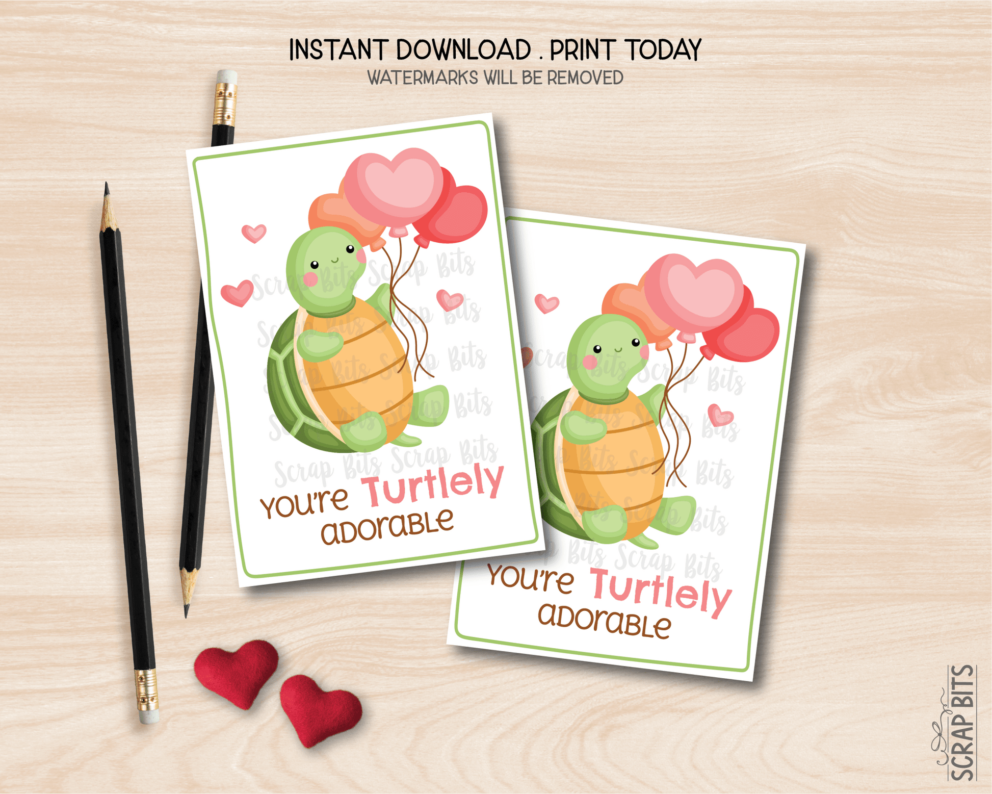 Turtle Valentines, You're Turtley Adorable Valentine, Printable Classroom Exchange Cards, Instant Download - Scrap Bits