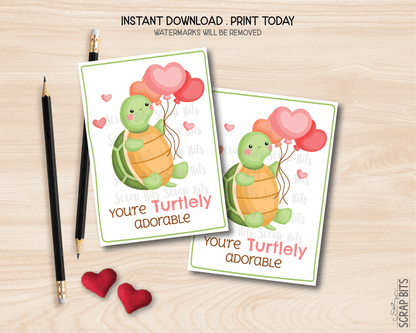 Turtle Valentines, You're Turtley Adorable Valentine, Printable Classroom Exchange Cards, Instant Download - Scrap Bits