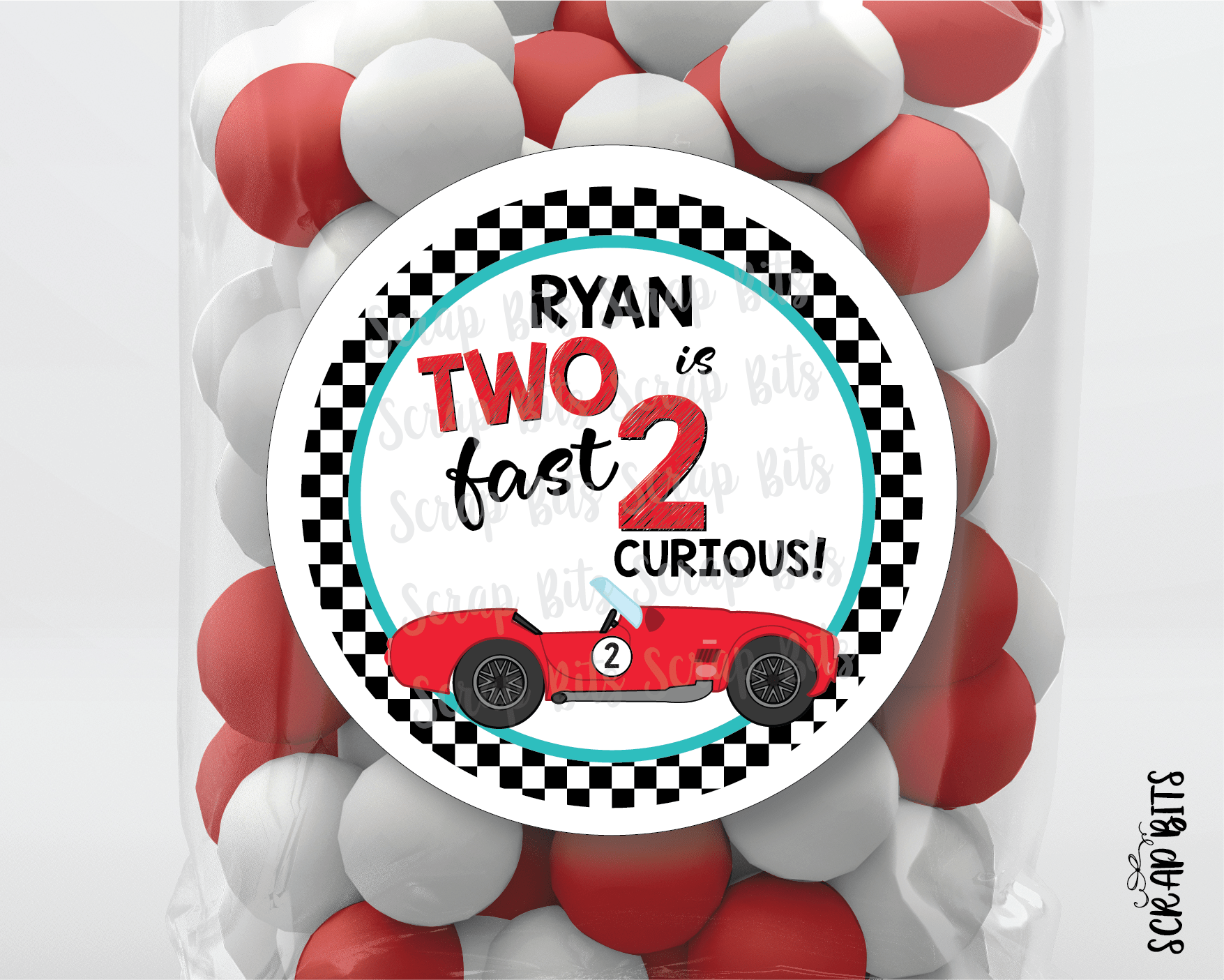 Two Fast, 2 Curious, Red Car Racing Birthday Favor Stickers or Tags - Scrap Bits