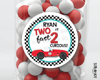 Two Fast, 2 Curious, Red Car Racing Birthday Favor Stickers or Tags - Scrap Bits