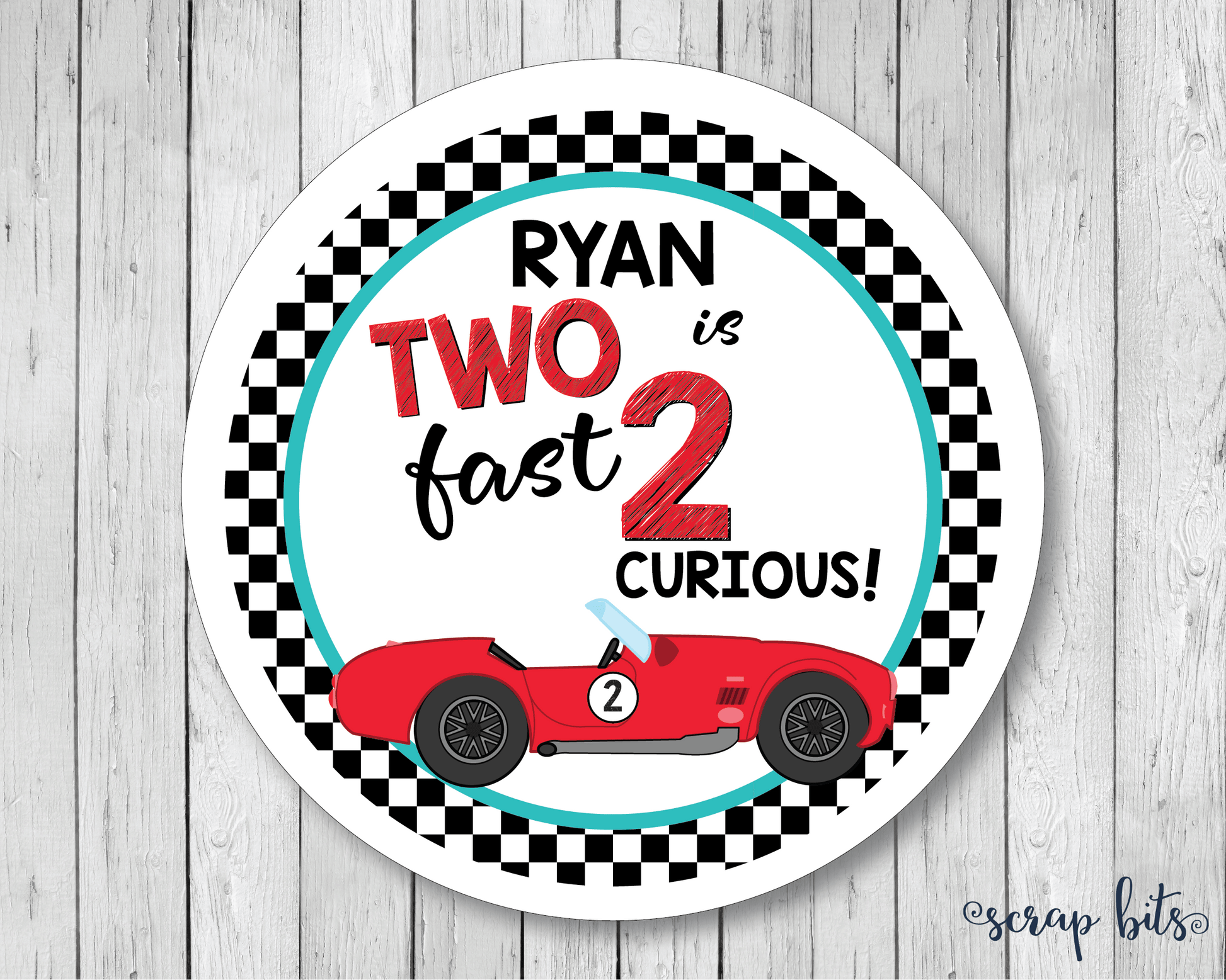 Two Fast, 2 Curious, Red Car Racing Birthday Favor Stickers or Tags - Scrap Bits