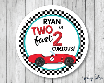 Two Fast, 2 Curious, Red Car Racing Birthday Favor Stickers or Tags - Scrap Bits