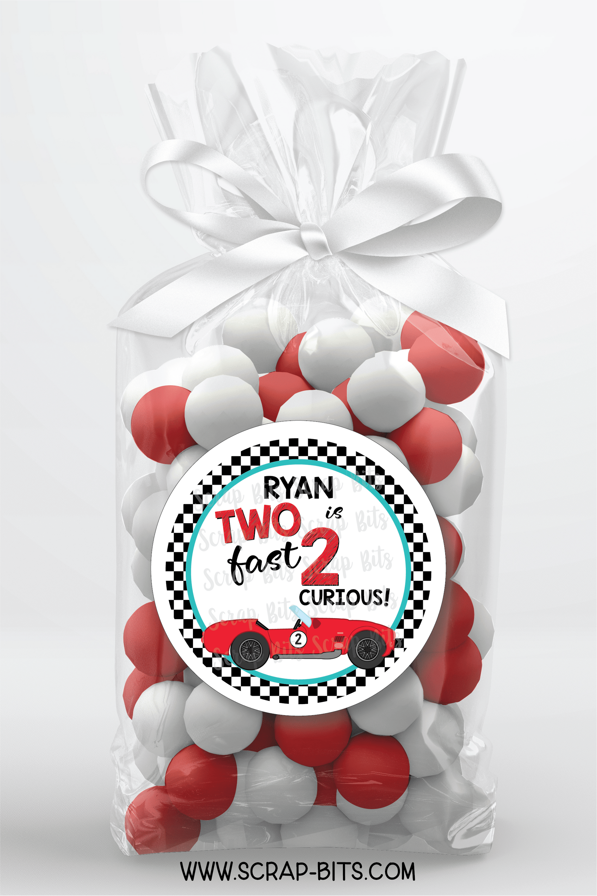 Two Fast, 2 Curious, Red Car Racing Birthday Favor Stickers or Tags - Scrap Bits