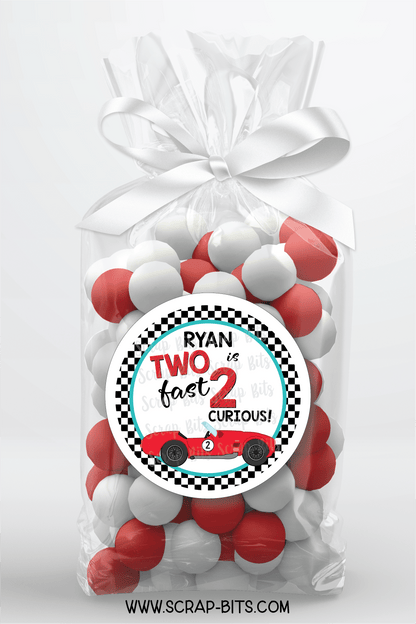Two Fast, 2 Curious, Red Car Racing Birthday Favor Stickers or Tags - Scrap Bits